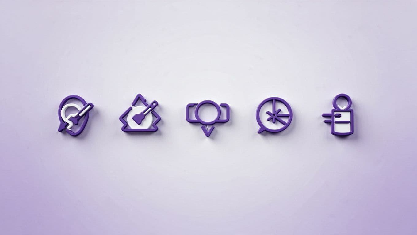 Modern illustration of a step-by-step flowchart for running a bandit test, featuring icons for signup, creating variants, setting goals, launching, monitoring shifts, and analyzing the winner. Clean purple and white design with horizontal flow and no text or logos.