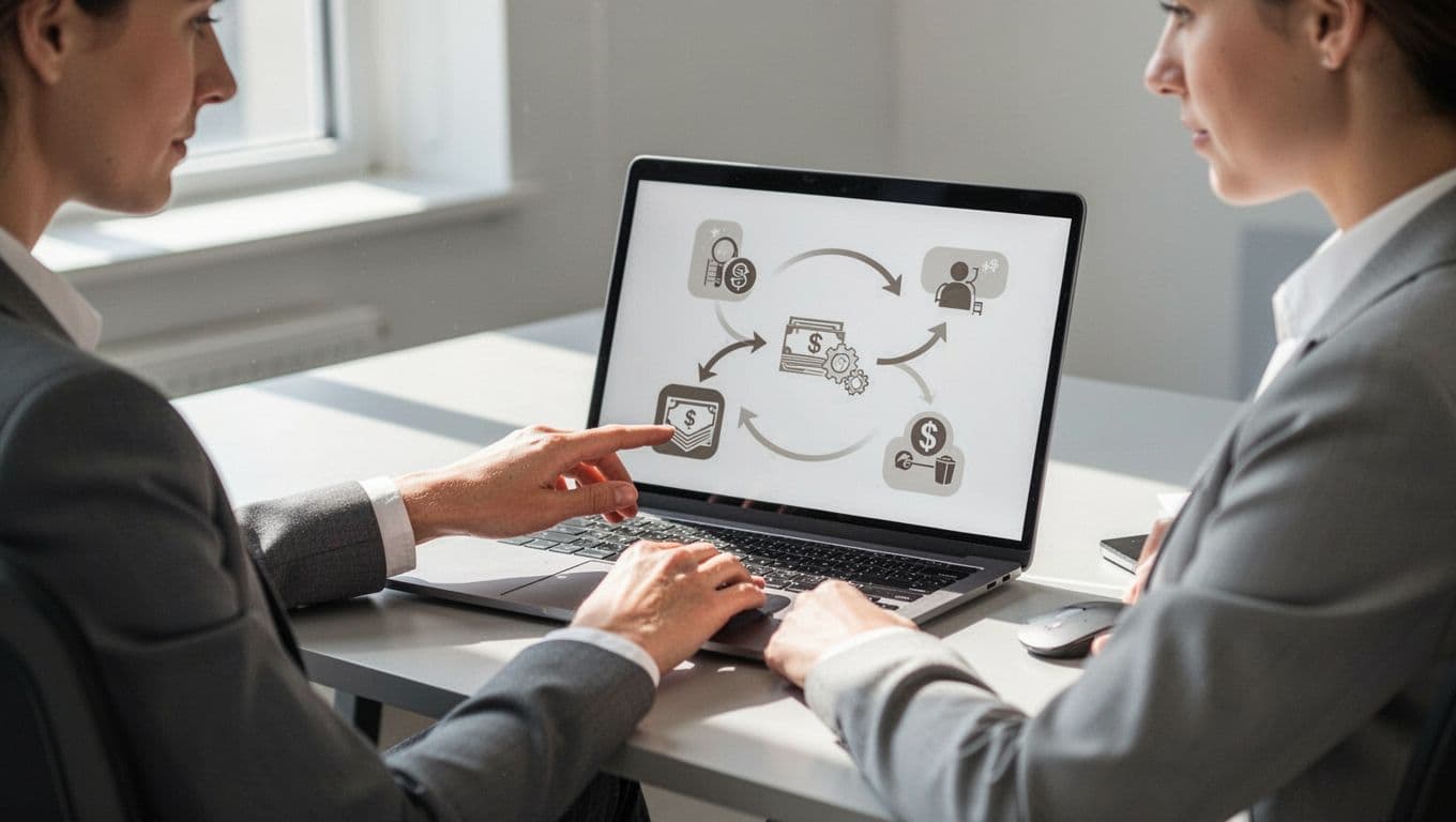 Modern illustration of bank transactions auto-matching using rule icons and connecting arrows on a laptop screen, with one relaxed person at a desk pointing with the mouse.