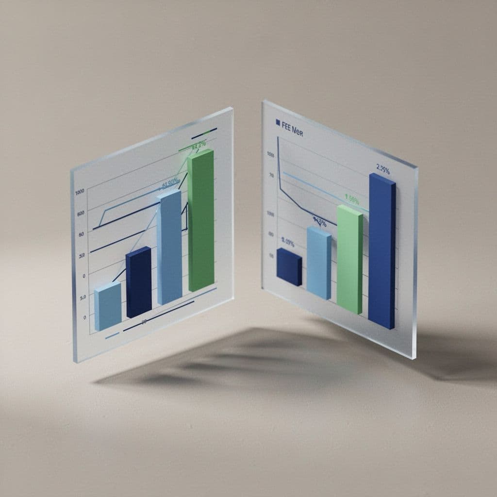 Modern isometric illustration of side-by-side comparison charts for banking app fees, featuring clean shapes and a blues-greens color palette, no text, devices, people, or logos visible.