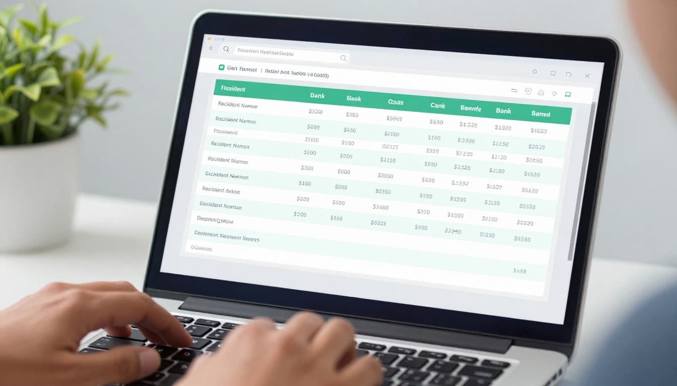 Close-up of a laptop screen showing a partially filled spreadsheet template for batch payments with columns for recipient name, amount, currency, and bank details. Hands relaxed above the keyboard on a modern desk with a plant, in a clean blue-green illustration style.