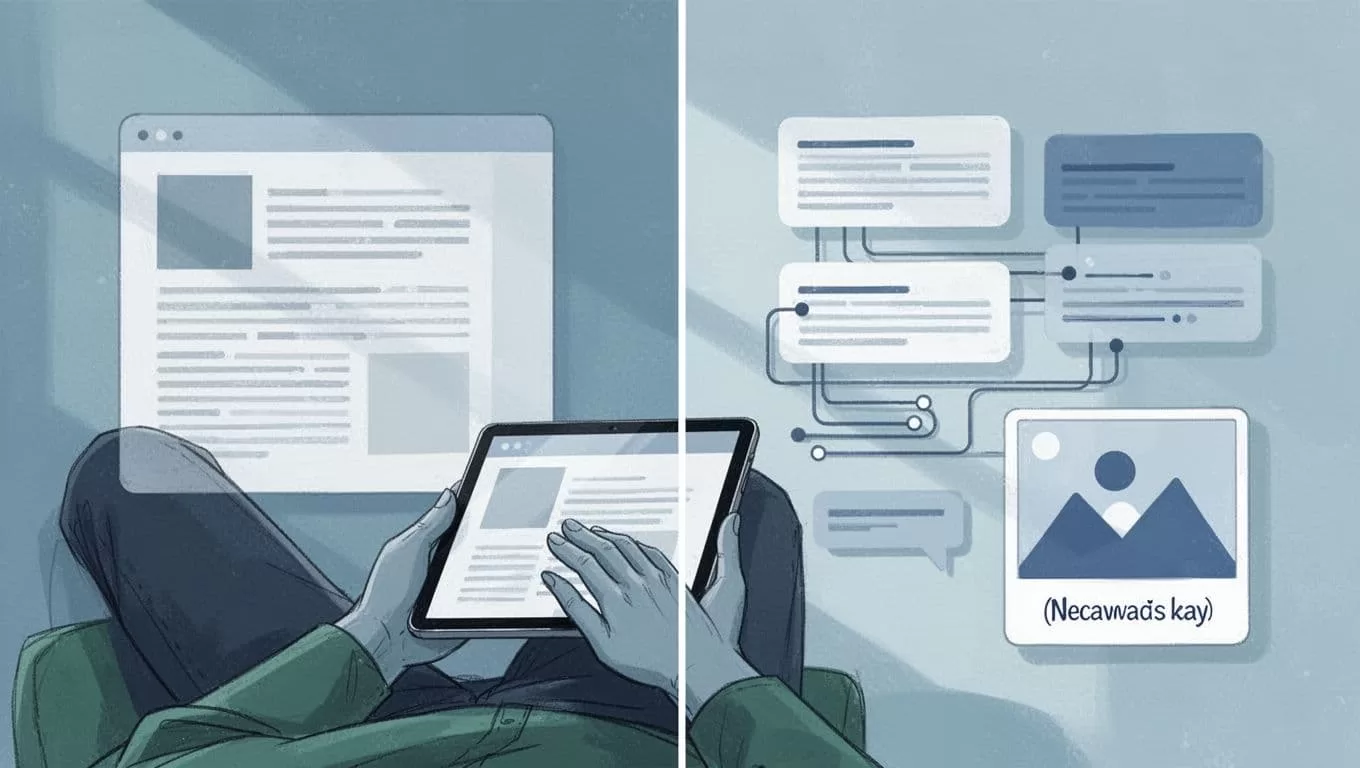Modern split-scene illustration in blue-green palette depicting a long blog article on the left screen transforming into diverse social media posts on the right, with one marketer reviewing on a tablet.