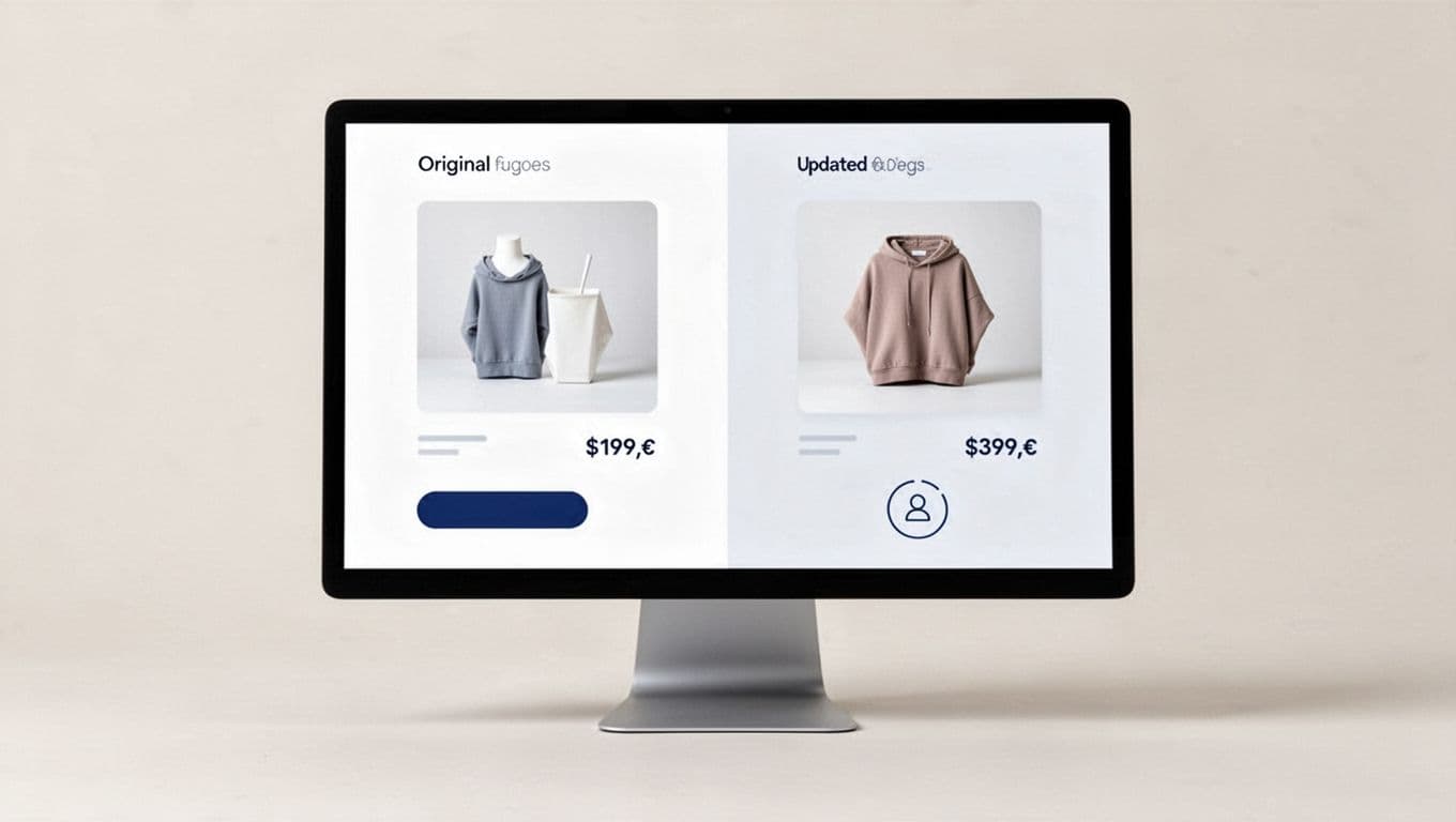 Modern illustration in split-view showing before-after comparison of product page layout test on screen with simple e-commerce elements like images, buttons, and pricing on neutral background.