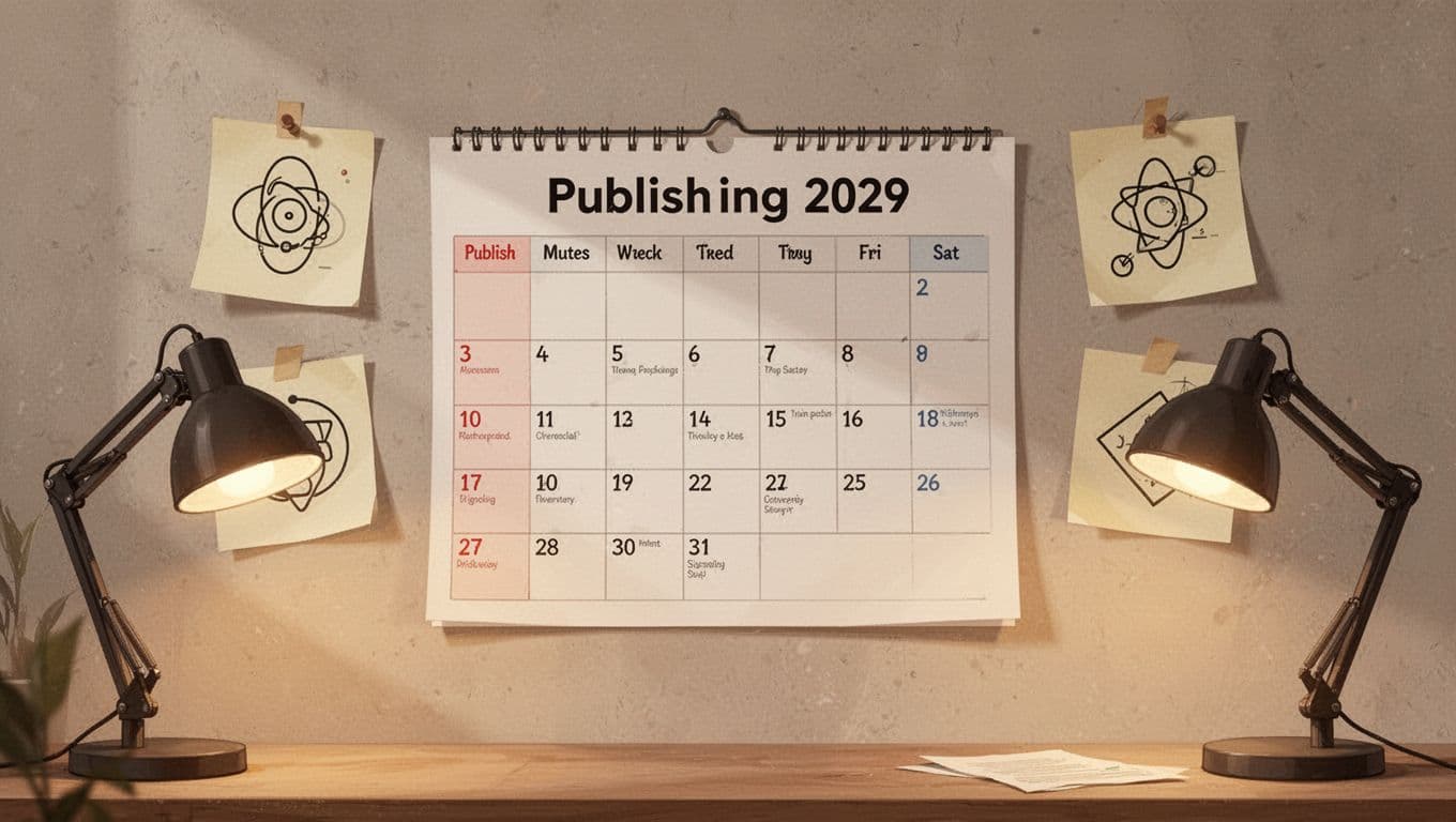 Modern illustration of a content calendar on a wall with pinned biohacking trend notes and marked publish dates, featuring clean shapes, earth tones, and warm desk lamp lighting.