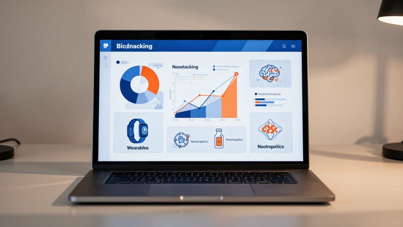 Modern illustration of a laptop screen displaying a biohacking trends dashboard with growth metrics, icons for wearables and nootropics, in blues and oranges.