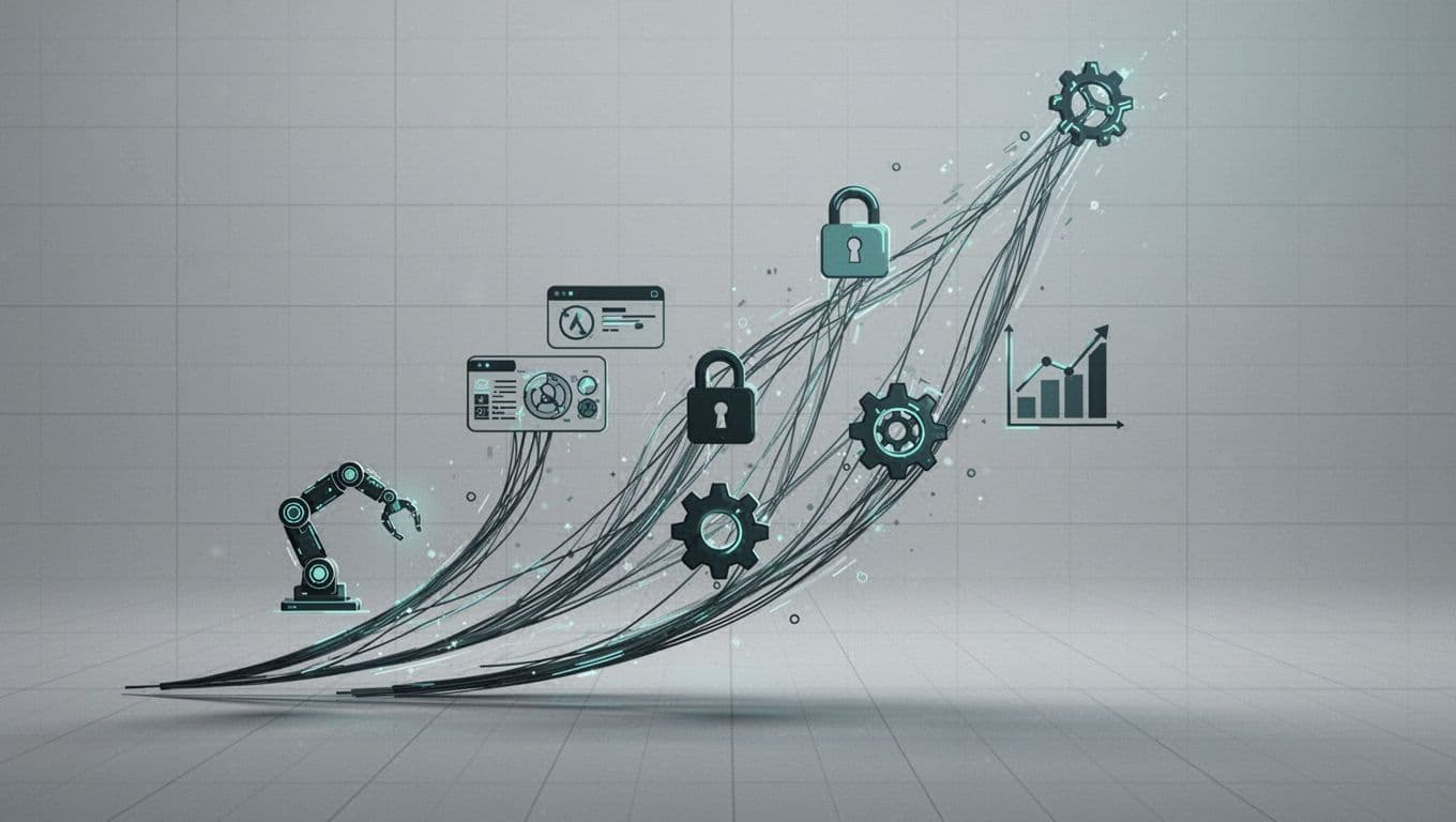 Modern illustration of upward growth curves with icons for blogging niches like agentic AI robot arm, enterprise tools, cybersecurity lock, automation gears, and data analysis charts on a subtle grid background in blue-green tones.