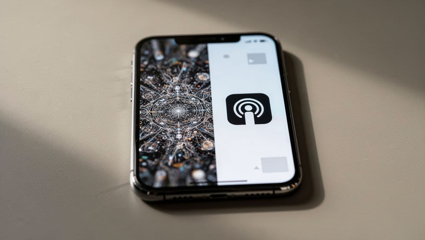 Mobile screen mockup splits into left blurry detailed podcast thumbnail and right sharp simple bold one at small size.