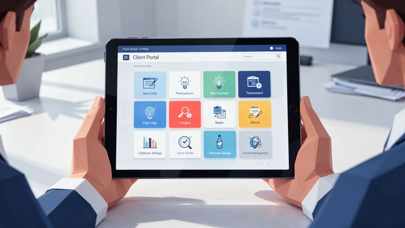 Modern illustration of a branded Notion client portal displayed on a tablet held in relaxed hands, featuring clean shapes, blues and whites color palette, colorful icons, and organized blocks under soft office lighting.