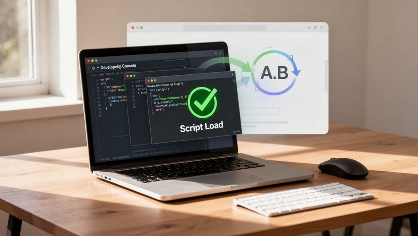 Modern illustration of a laptop with open browser developer console showing a green success check for script loaded, subtle webpage A/B variant in background, desk setup with mouse and keyboard in natural daylight, no people or text.