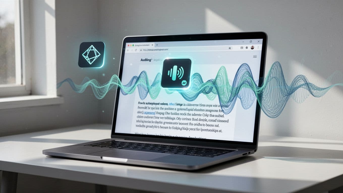 Laptop on desk shows webpage with activating extension icon and floating audio player waveform from article text.