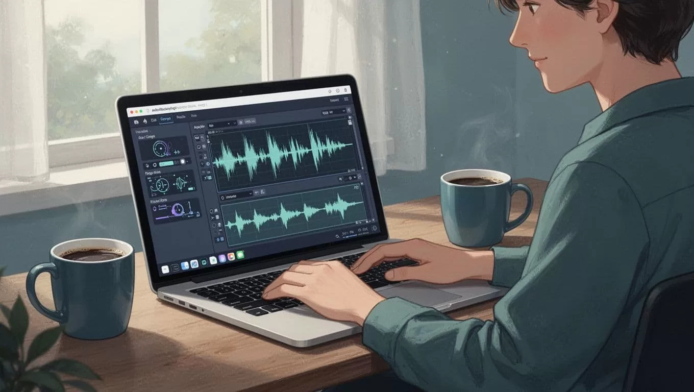 Person at MacBook edits podcast audio waveform in browser timeline with clips and effects, coffee mug beside keyboard in cozy setup.