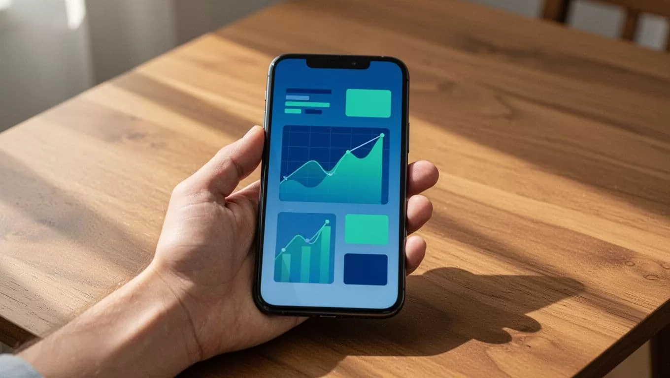 Modern illustration of a smartphone displaying a budgeting app interface with charts and categories, held by one hand on a wooden table in soft natural light.