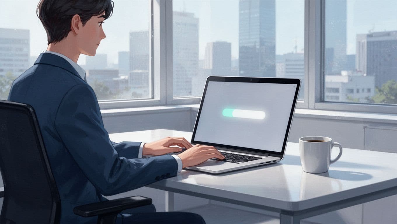 Modern illustration of a person sitting at a desk with a laptop showing a blurred upload interface and progress bar for bulk email verification, hands on keyboard, coffee mug nearby, office lighting.
