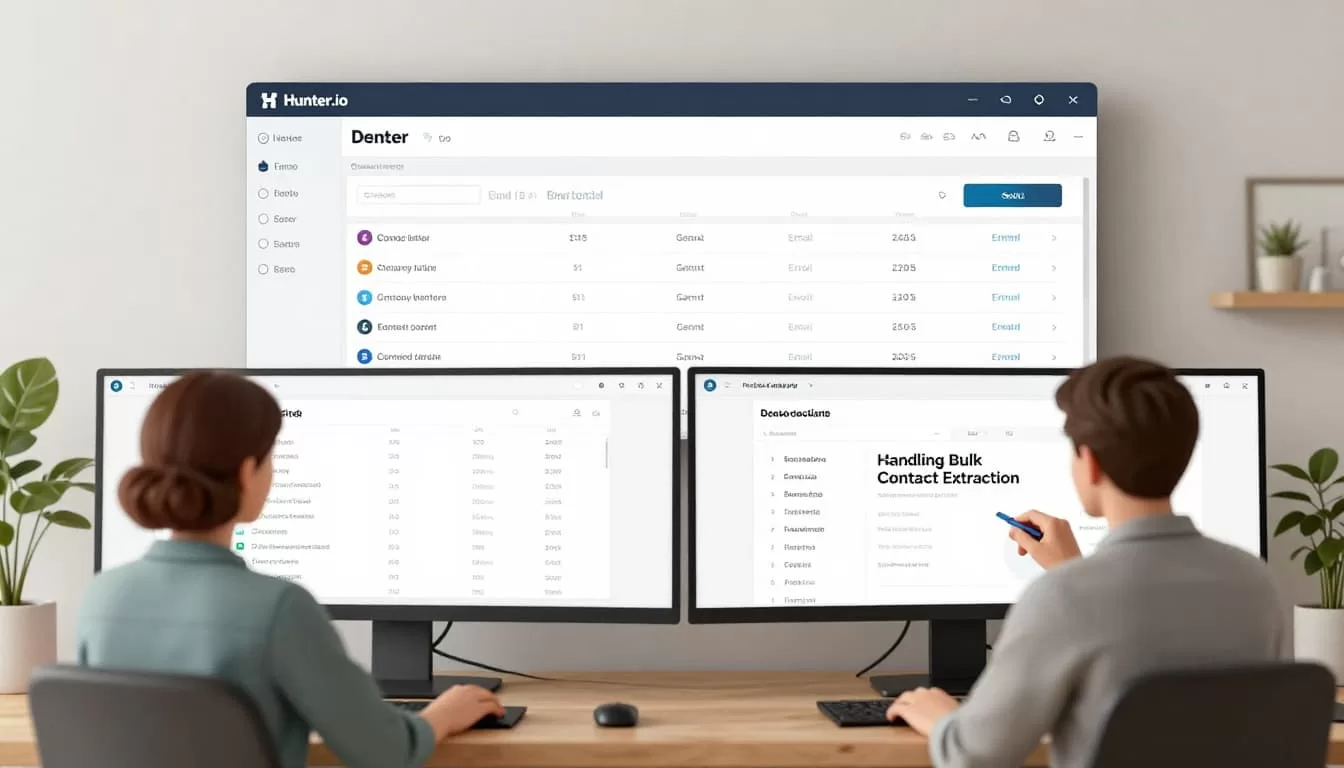 Modern illustration depicting the bulk email extraction process in Hunter.io, including uploading a spreadsheet with company lists, generating output email columns, and a person reviewing results on dual monitors in a home office.