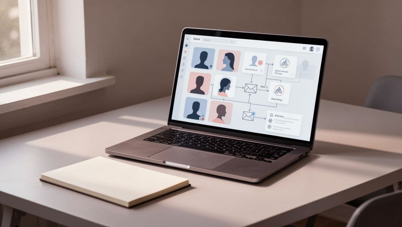 Modern illustration depicting diverse candidate profiles on a laptop screen with email templates, personalization icons for name and job title, bulk send flowchart, and relaxed hands on a desk with notepad.