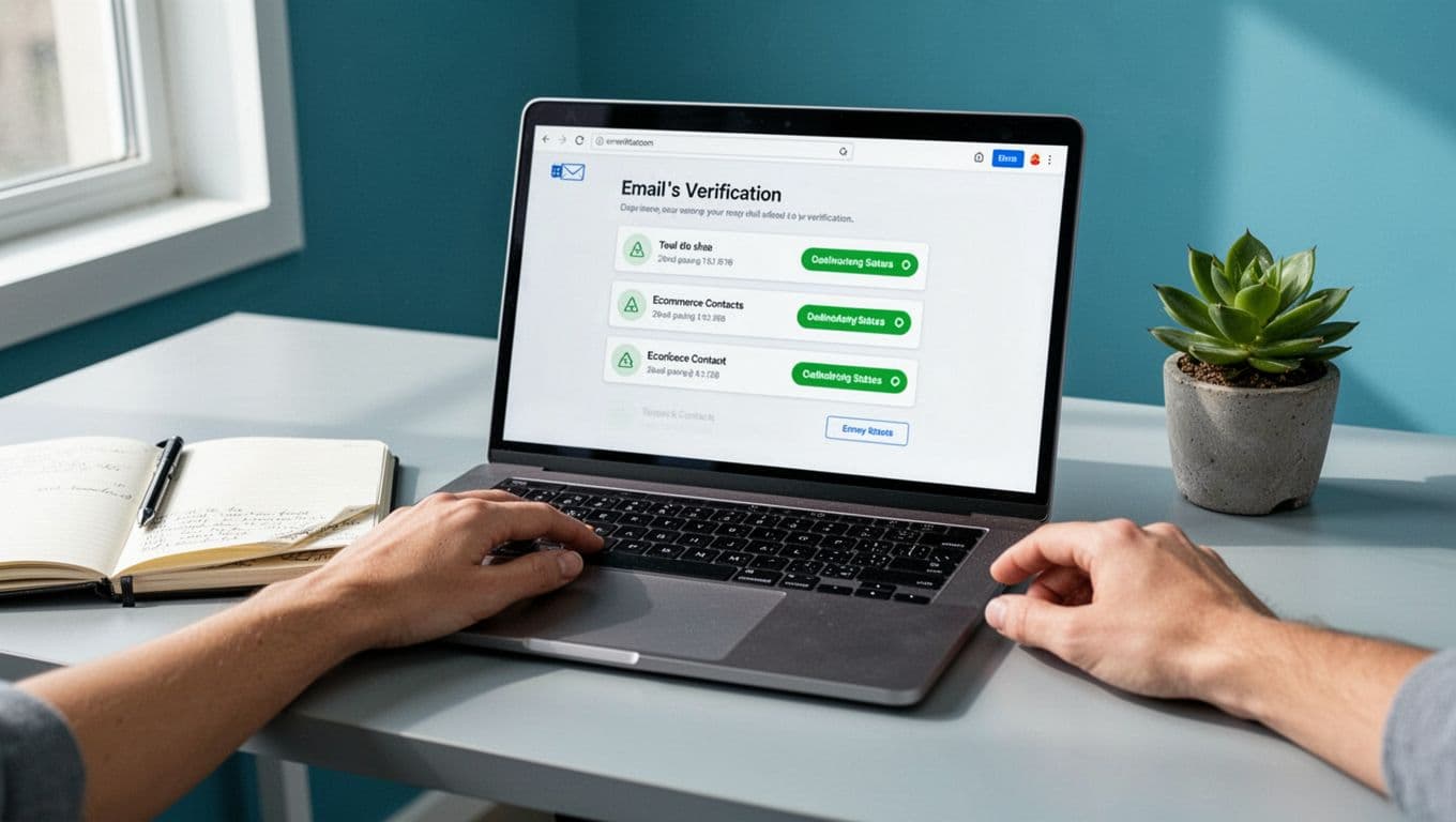 Modern illustration of a laptop screen displaying email verification results with valid status icons for ecommerce contact emails, single hand near keyboard on desk with notebook and plant in workspace.