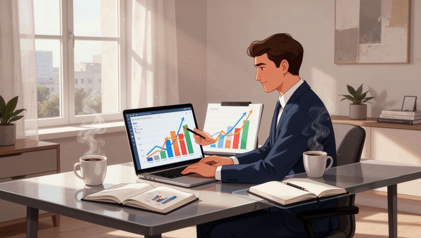A business analyst at a modern home office desk reviews the Exploding Topics dashboard on a laptop screen showing multiple rising trend charts for products, with a coffee cup and notebook nearby under natural daylight in a clean illustrative style.