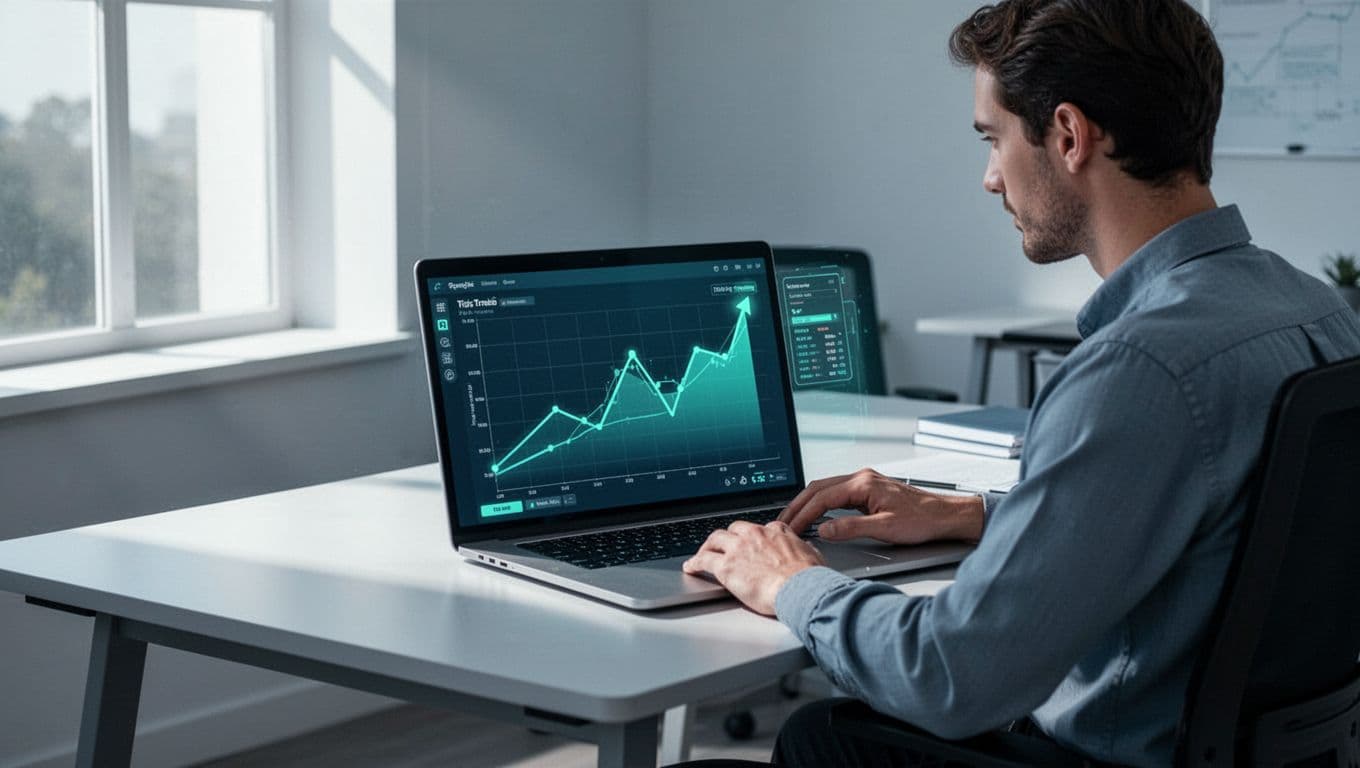 Modern illustration of a business analyst at a desk reviewing rising trend graphs on ethical banking solutions, with laptop showing upward charts featuring sustainability and transparency icons in a clean office.