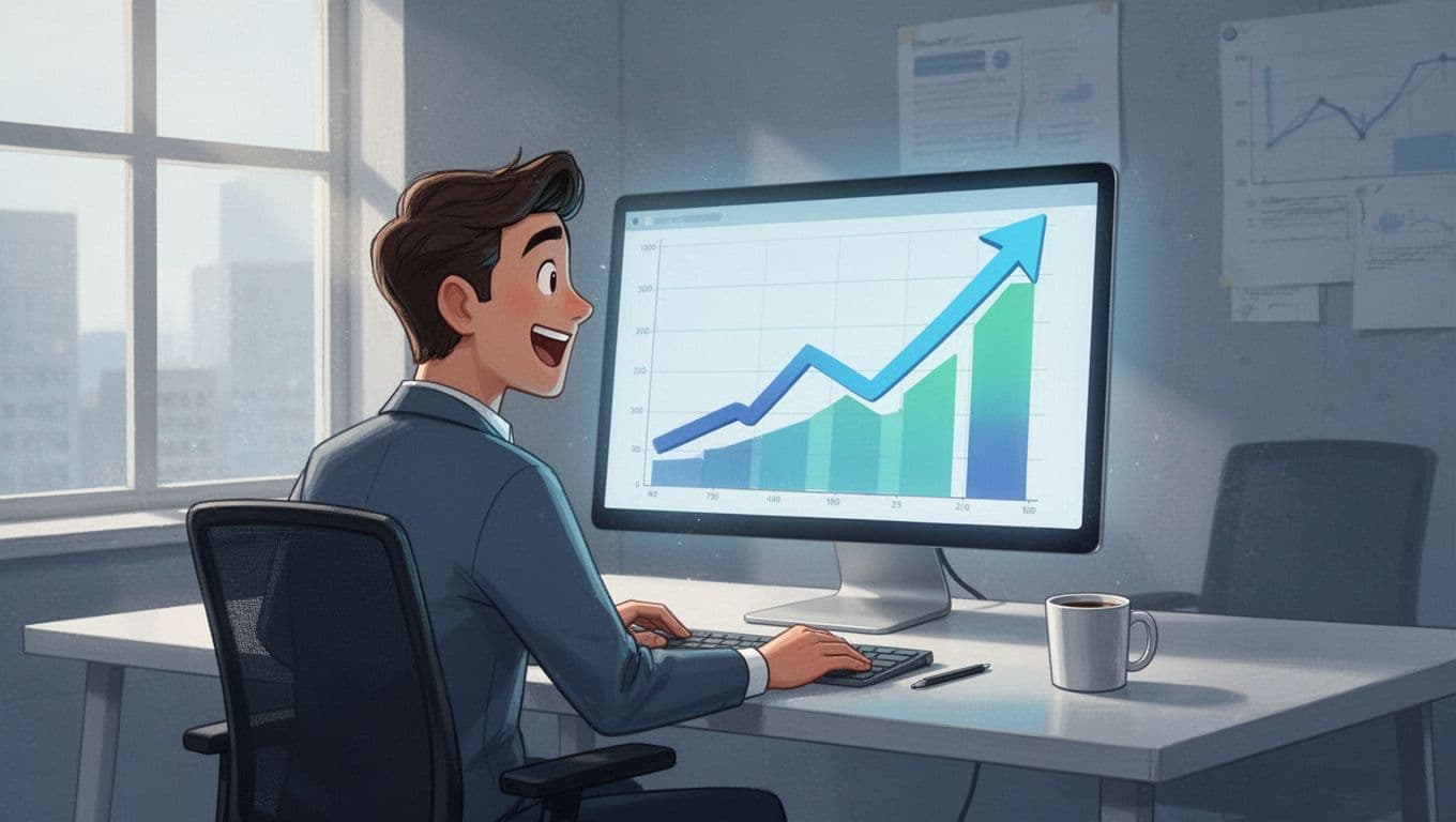 Modern illustration of a business analyst at a desk excitedly examining a large upward-trending graph on a computer screen displaying rising market trends in a clean office with a coffee mug nearby.