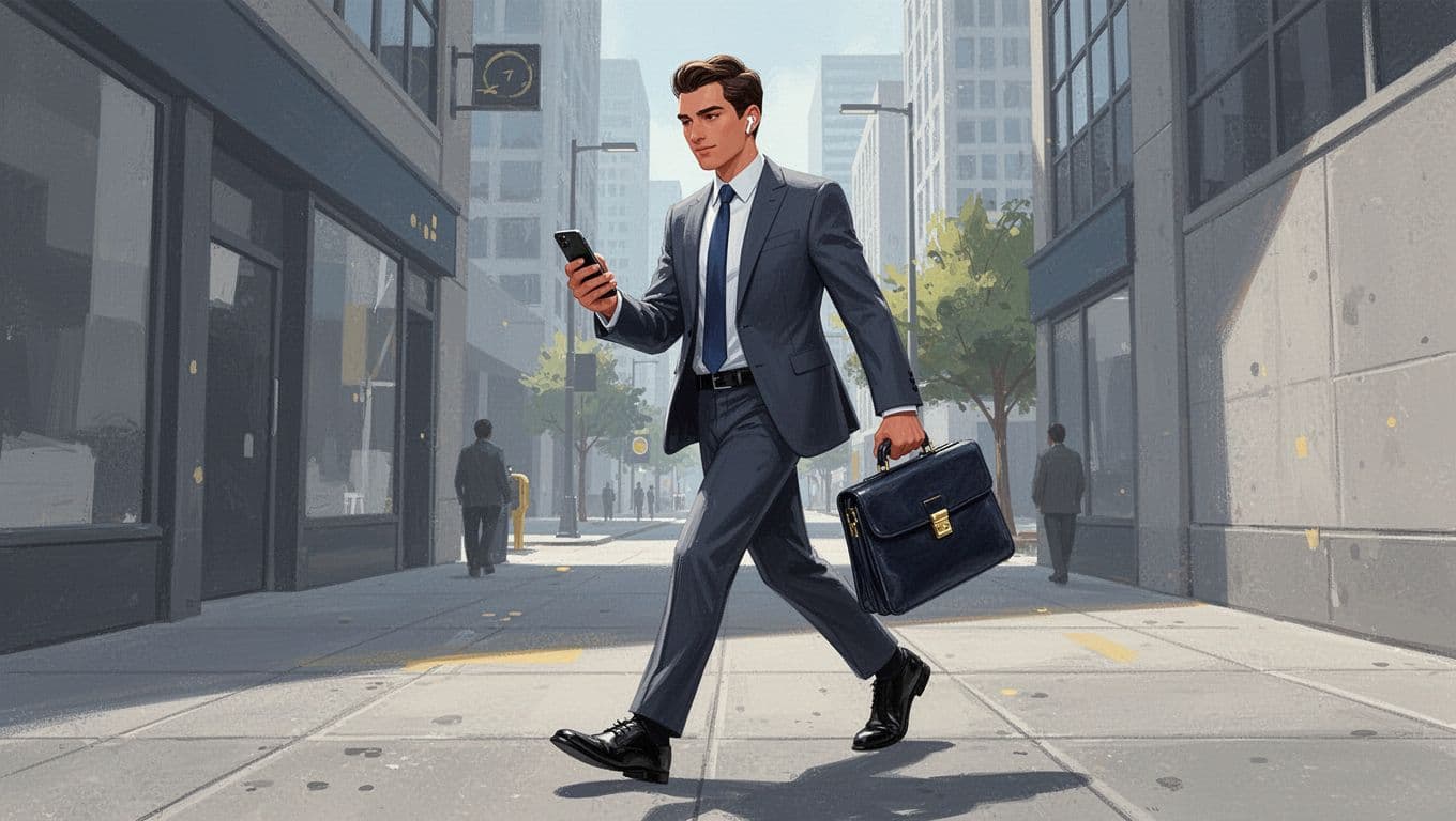 A single business commuter walks briskly on a city sidewalk, smartphone in hand, wireless earbuds in ears, listening to emails hands-free with a swinging briefcase and confident stride. Modern illustration style with clean shapes, grays, blues, yellow accents, dynamic diagonal composition, and bright urban daylight.
