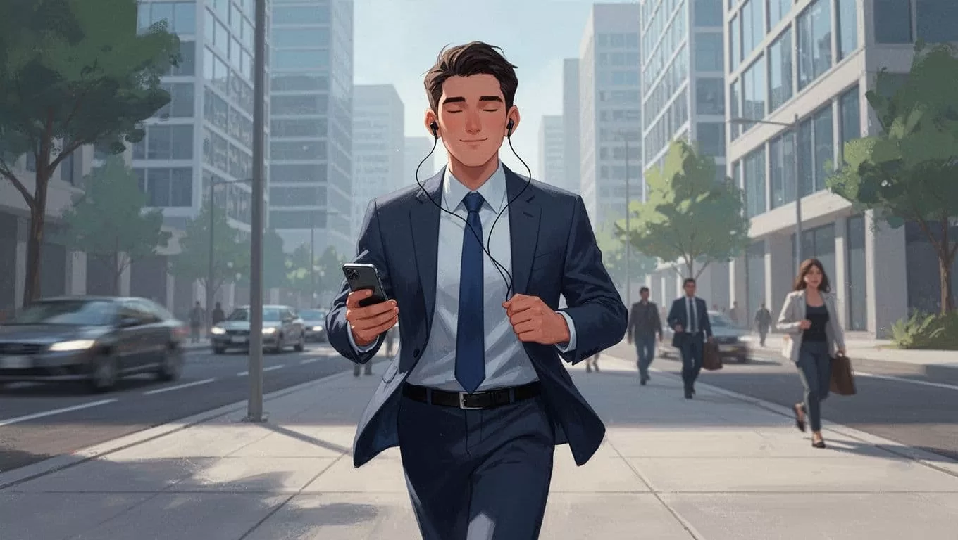 A business person walks briskly on a city sidewalk amid morning rush hour, wearing wireless earbuds and holding a smartphone with a dimmed webpage screen, listening attentively with a focused yet relaxed expression.