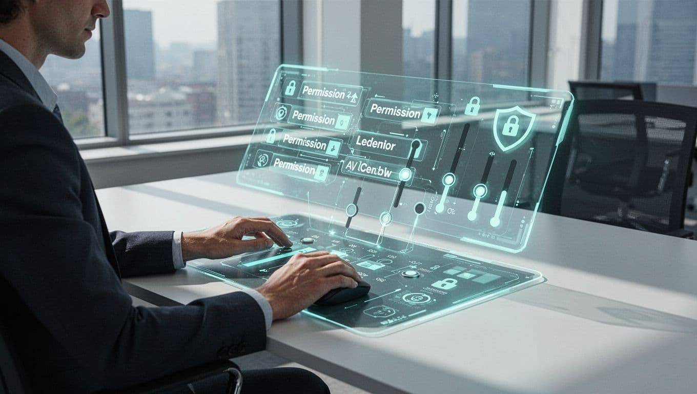 Modern illustration in clean shapes and controlled blue-green palette of a business owner in a contemporary office adjusting permission sliders on a digital dashboard for team roles like view, send, approve, with padlock and shield icons, exactly one person with relaxed hands on mouse, strong secure composition, no text, no logos, no additional humans.