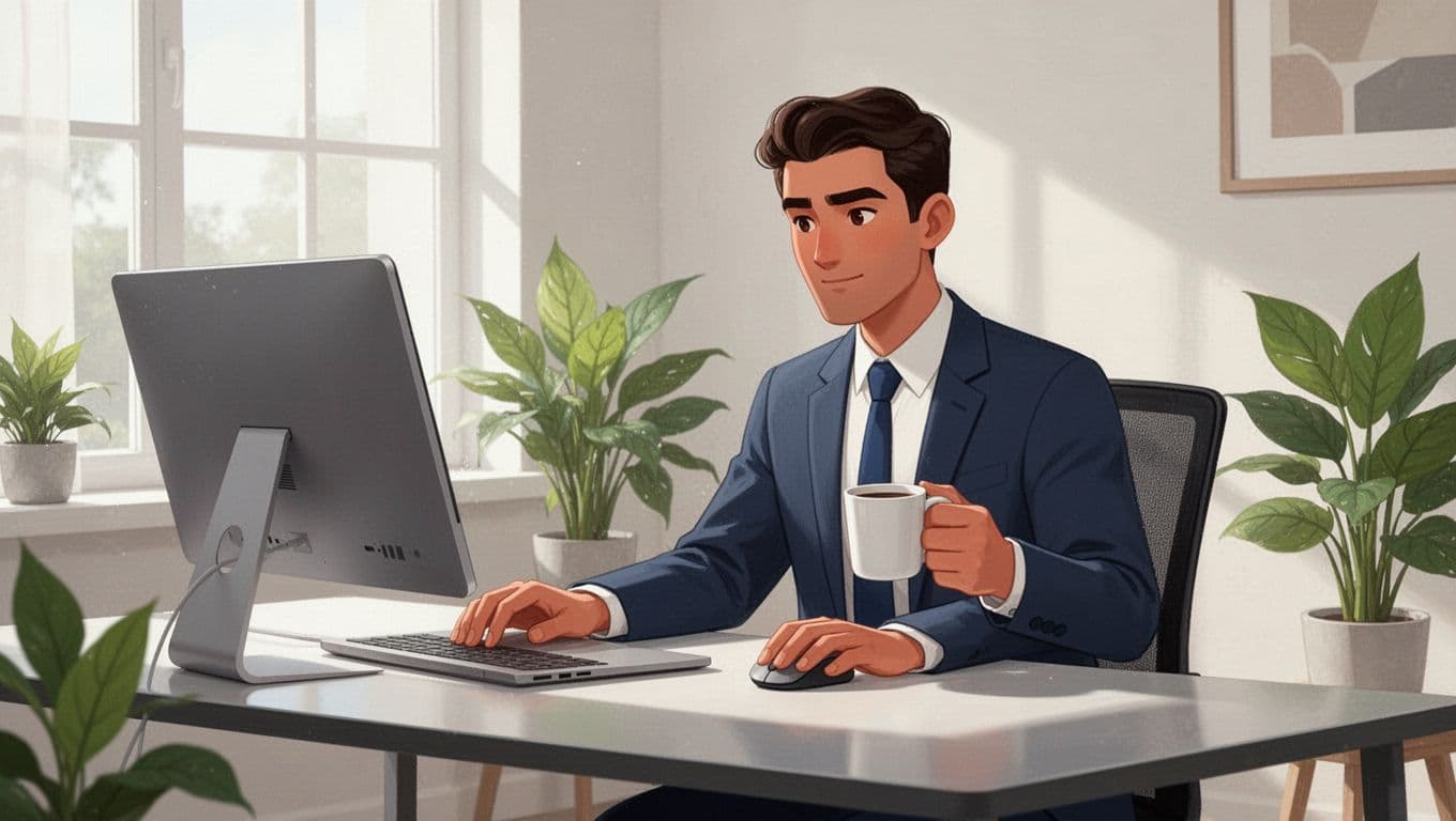 Modern illustration of a focused business owner at a desk in a bright home office, using a laptop open to the Wise payment app interface, hand on mouse and coffee mug, simple background with plants and natural light.