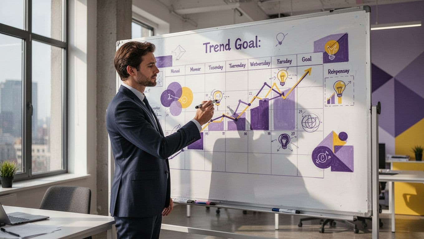 Modern illustration of a business person at a whiteboard in a contemporary office, aligning a content calendar with trend icons and business goal targets using clean shapes and a purple-yellow palette.