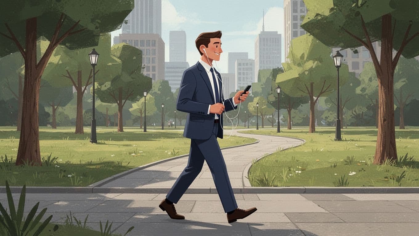 Illustration of a single business person walking on a city park path with smartphone and earbuds, listening to an audio report with a relaxed expression. Modern illustration style depicting multitasking during step-by-step review process.