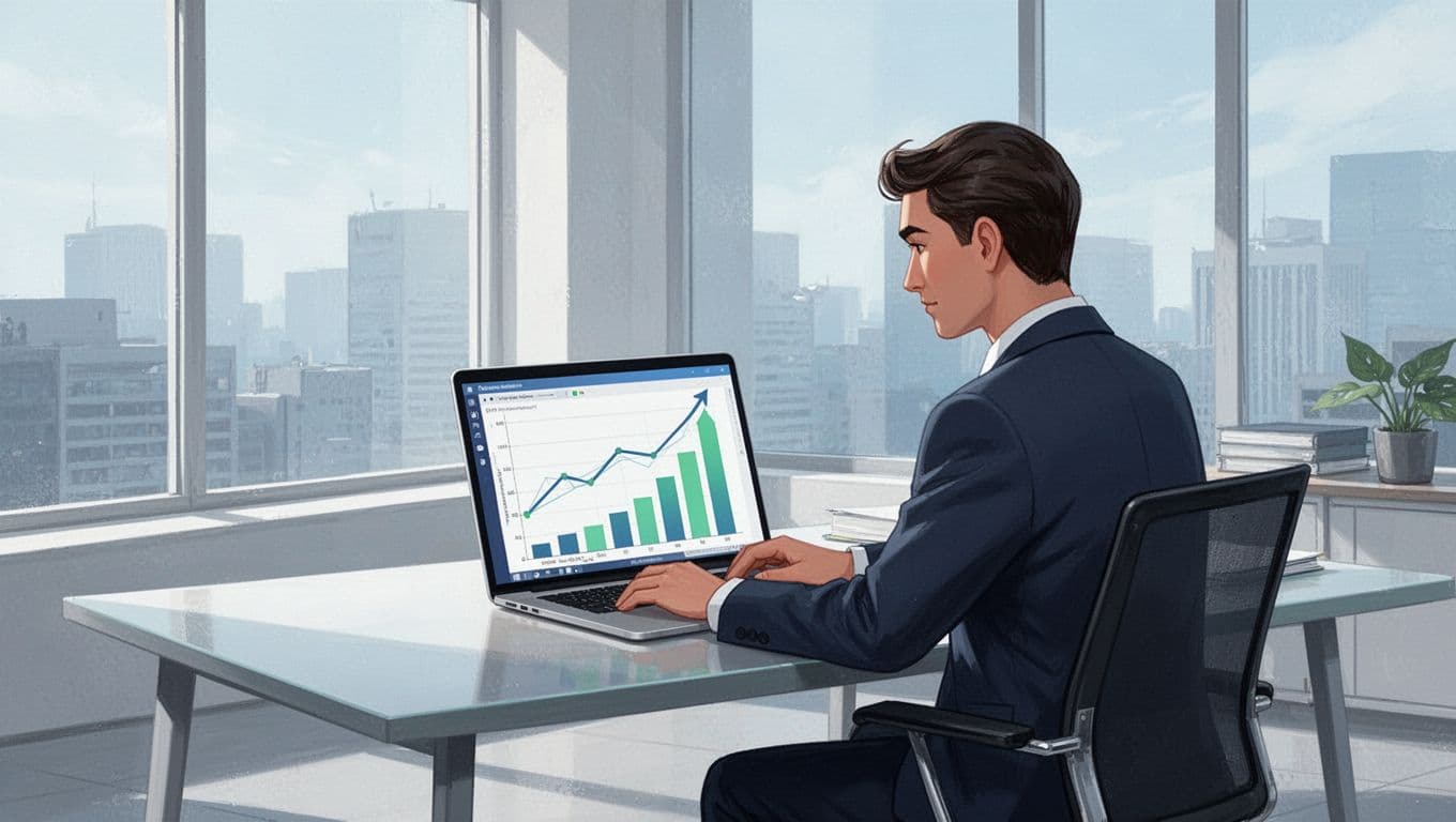 Modern illustration of a business professional seated at a modern desk in a bright office, analyzing a laptop screen displaying the Exploding Topics dashboard with rising trend graphs and search volume bars.