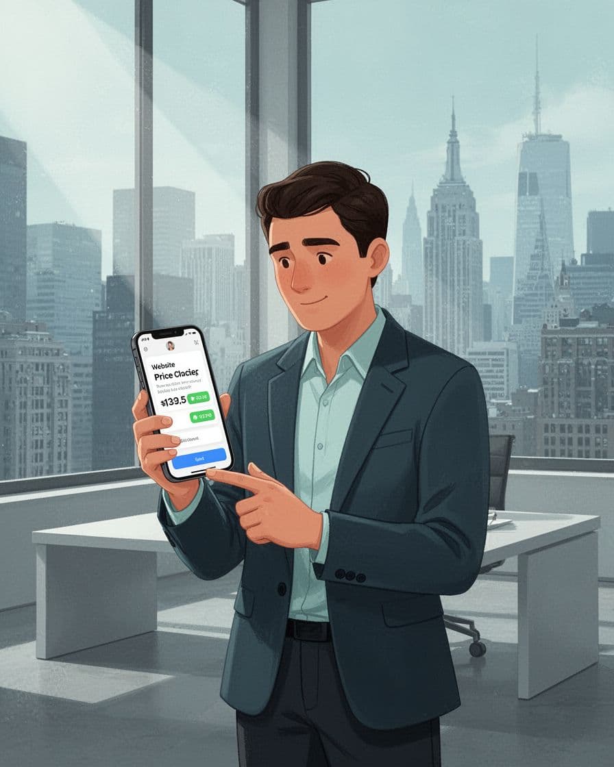 Modern illustration of a business professional in an office with city view, holding a phone with two hands to check an email notification about a website price change. Features clean shapes, blue and green palette, strong foreground composition with phone, no text or logos.