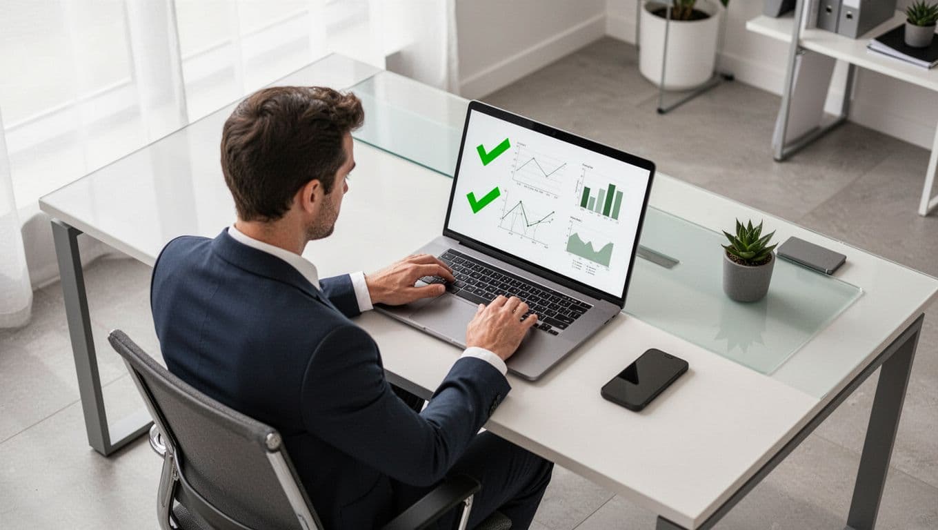 A single business person at a sleek desk reviews Hunter.io email verification results on a laptop screen with green checkmarks for valid procurement emails, charts nearby, soft office lighting, overhead angle.