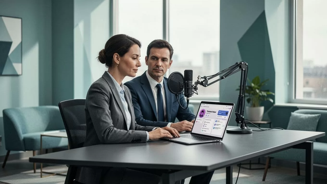 Business professional at desk in modern office records audio with microphone and Transistor.fm laptop dashboard.