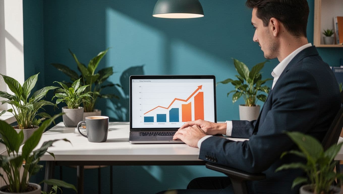 Business professional at home office desk reviews podcast analytics on laptop showing rising listener trends, coffee and plants nearby.