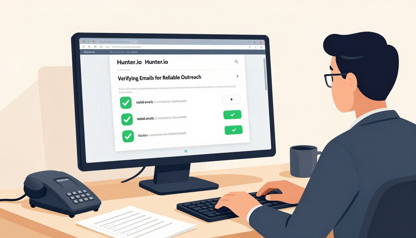 Modern illustration of a business person verifying emails using the Hunter.io interface on a computer screen, featuring green checkmarks for valid emails, desk setup with notes and phone, relaxed hands on keyboard, strong lighting on workspace.