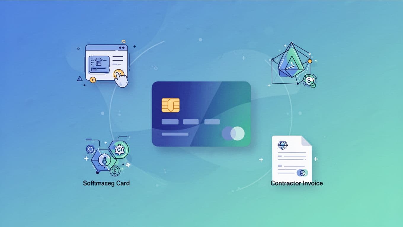 Modern flat illustration of business spending icons for subscriptions, ads, software, and invoices arranged around a central virtual card on a gradient background.
