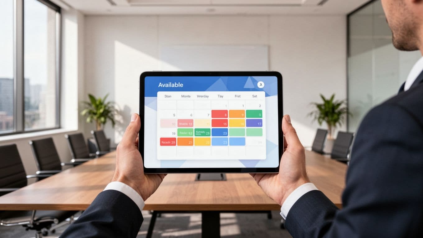 Modern illustration of a business person holding a tablet in a meeting room, displaying a clean calendar booking page with available time slots for client appointments like discovery calls, focused on the screen with soft lighting.