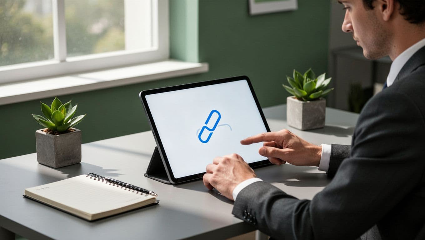 A single business user in a home office generates a secure share link for a large PDF design file on a tablet, with a simple link icon on the angled screen, notebook and plant nearby, in soft daylight, modern illustration style with clean shapes and greens-grays palette.