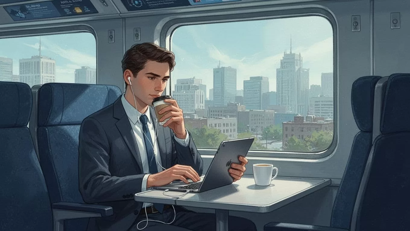 Modern illustration of a focused business executive on a train commute, using a tablet with Speechify playing via earbuds, holding a coffee cup, with a cityscape visible outside the window.