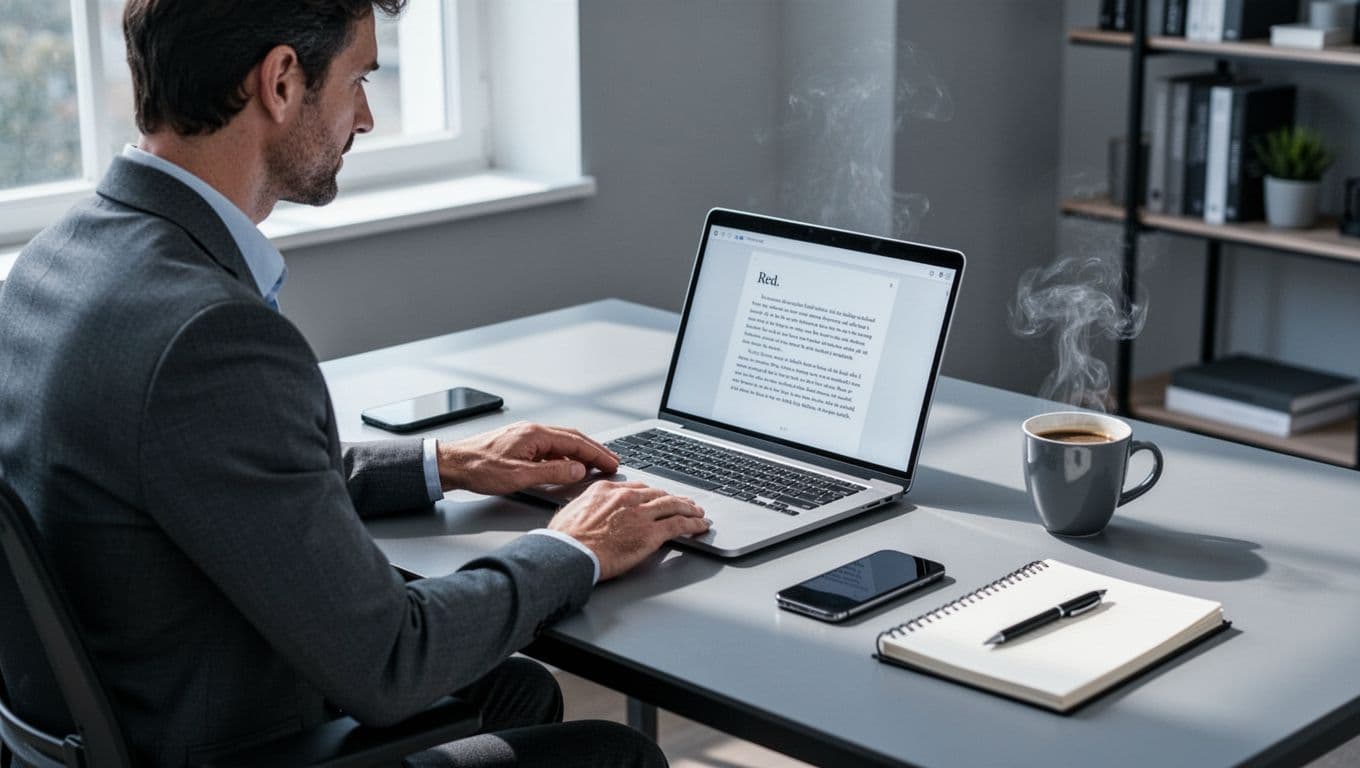 Focused professional at modern home office desk with laptop showing read-it-later app, phone with highlights, notebook, pen, and coffee cup, natural daylight, clean illustration style in blues, grays, whites.