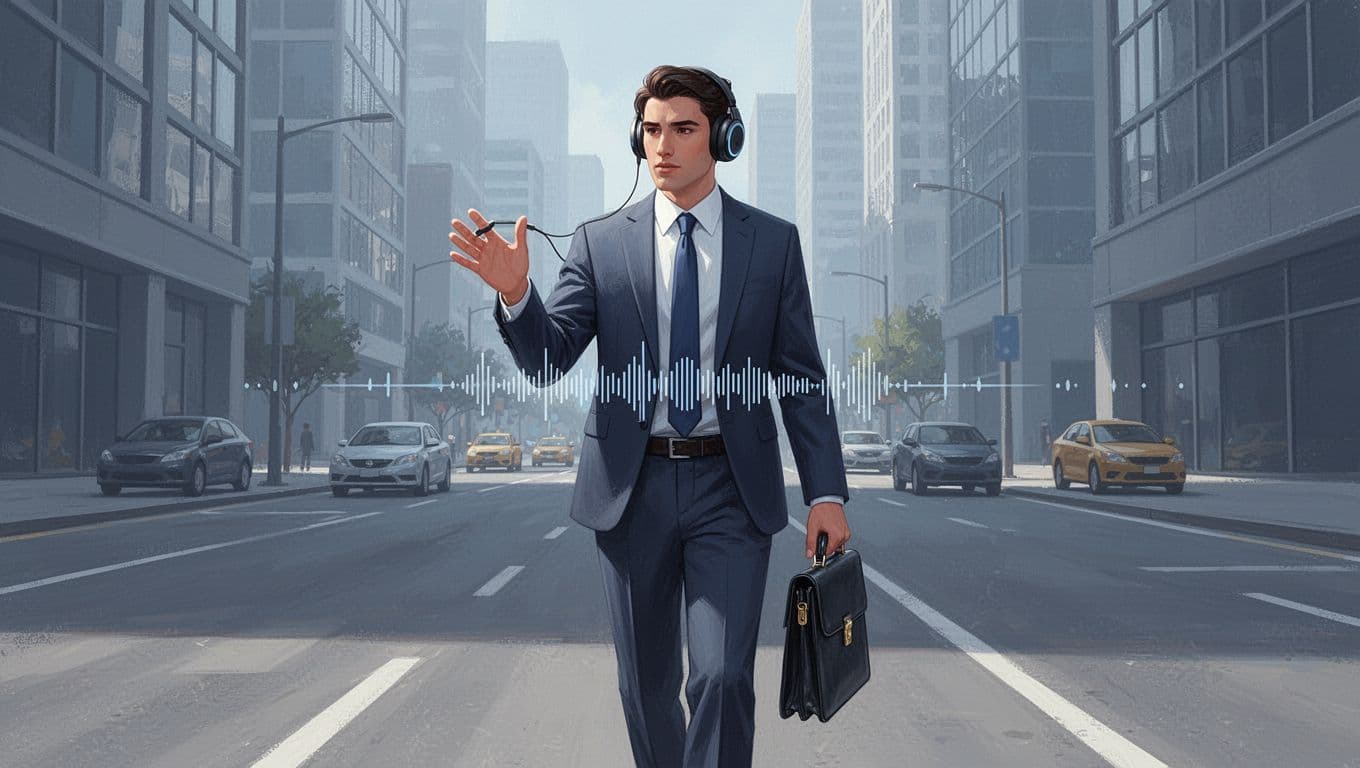 Modern illustration of a busy professional walking on a city street with wireless headphones, phone in pocket, gesturing to adjust text-to-speech speed, subtle briefcase, and dynamic outdoor lighting.