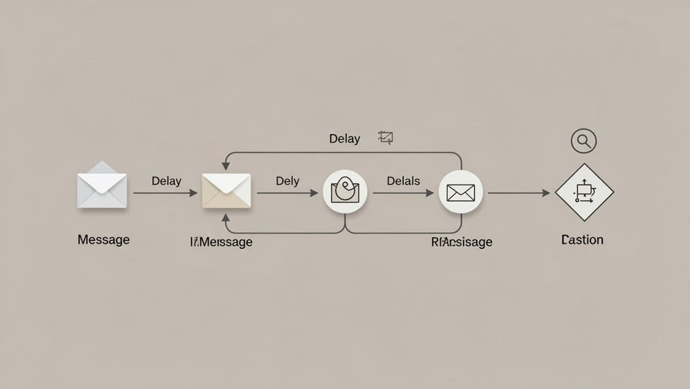 Modern illustration of a flowchart depicting recruitment email sequence stages from new candidate to offer, using clean shapes, neutral palette, icons for notifications, delays, and actions connected by arrows on a simple background.