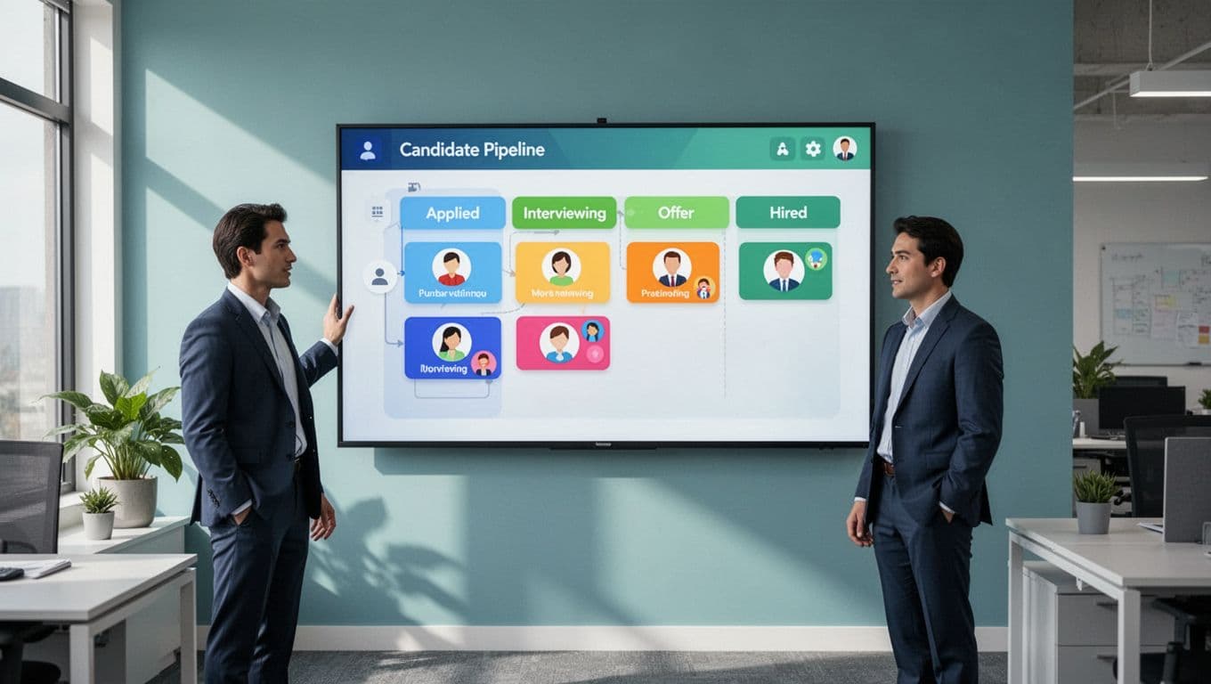 Large wall-mounted monitor displays drag-and-drop Kanban board with colorful icon cards across Applied, Interviewing, Offer, Hired stages; one recruiter stands nearby in relaxed pose.