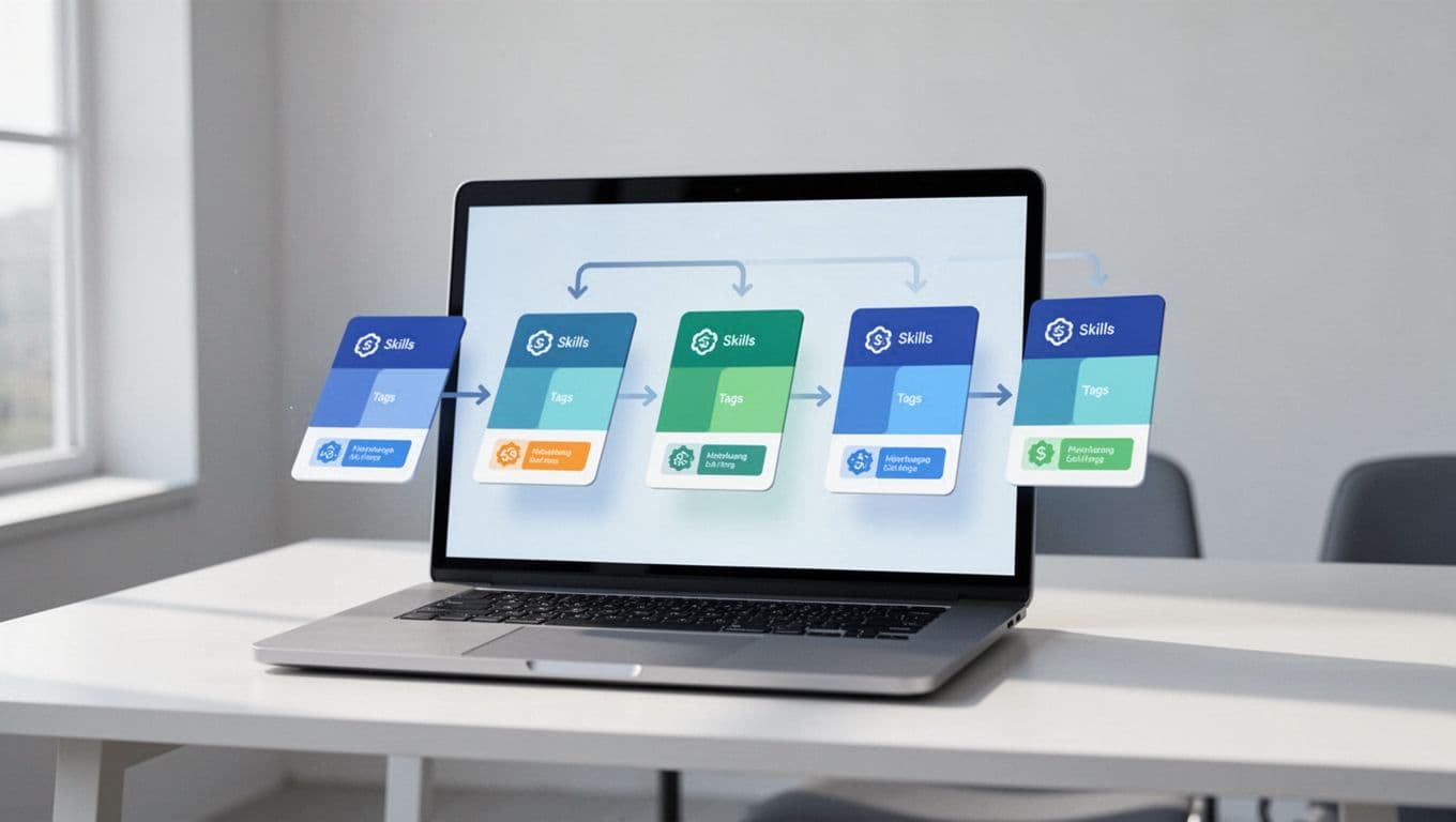 Digital board shows segmented candidate cards with skill and status tags, arrows indicating hiring stage movement, displayed on a laptop in minimalist office.