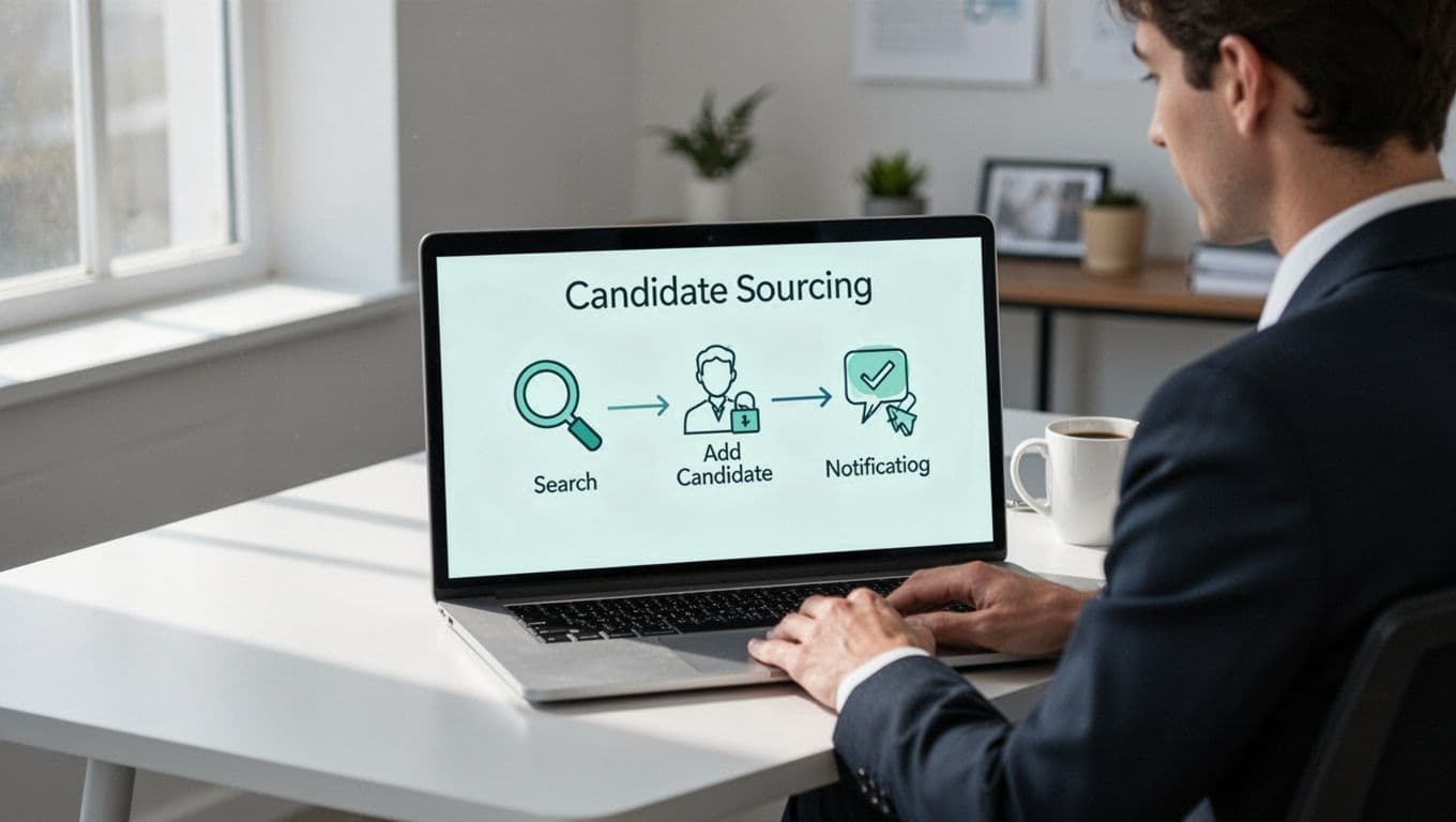 Modern illustration of a recruiter at a desk with laptop showing a simple flowchart for candidate sourcing workflow in an office setting with clean desk and coffee mug.