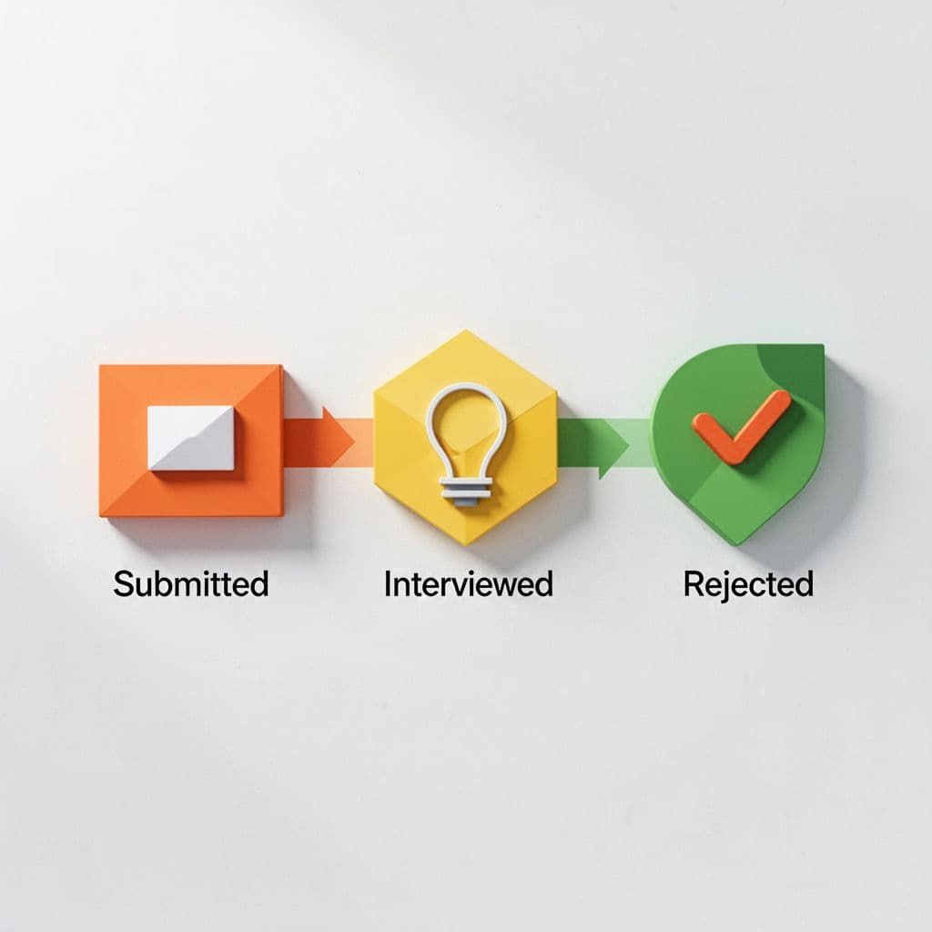 Abstract icons in orange, yellow, green arranged as flowchart showing submitted, interviewed, rejected statuses.
