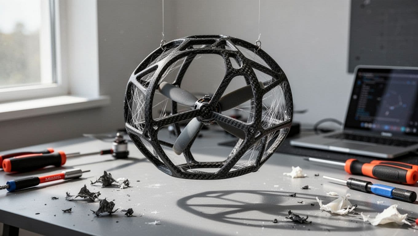 A lightweight carbon fiber reinforced 3D printed drone propeller guard with intricate lattice structure and embedded fibers for strength, floating above a tech workbench with scattered tools in a modern illustration style.