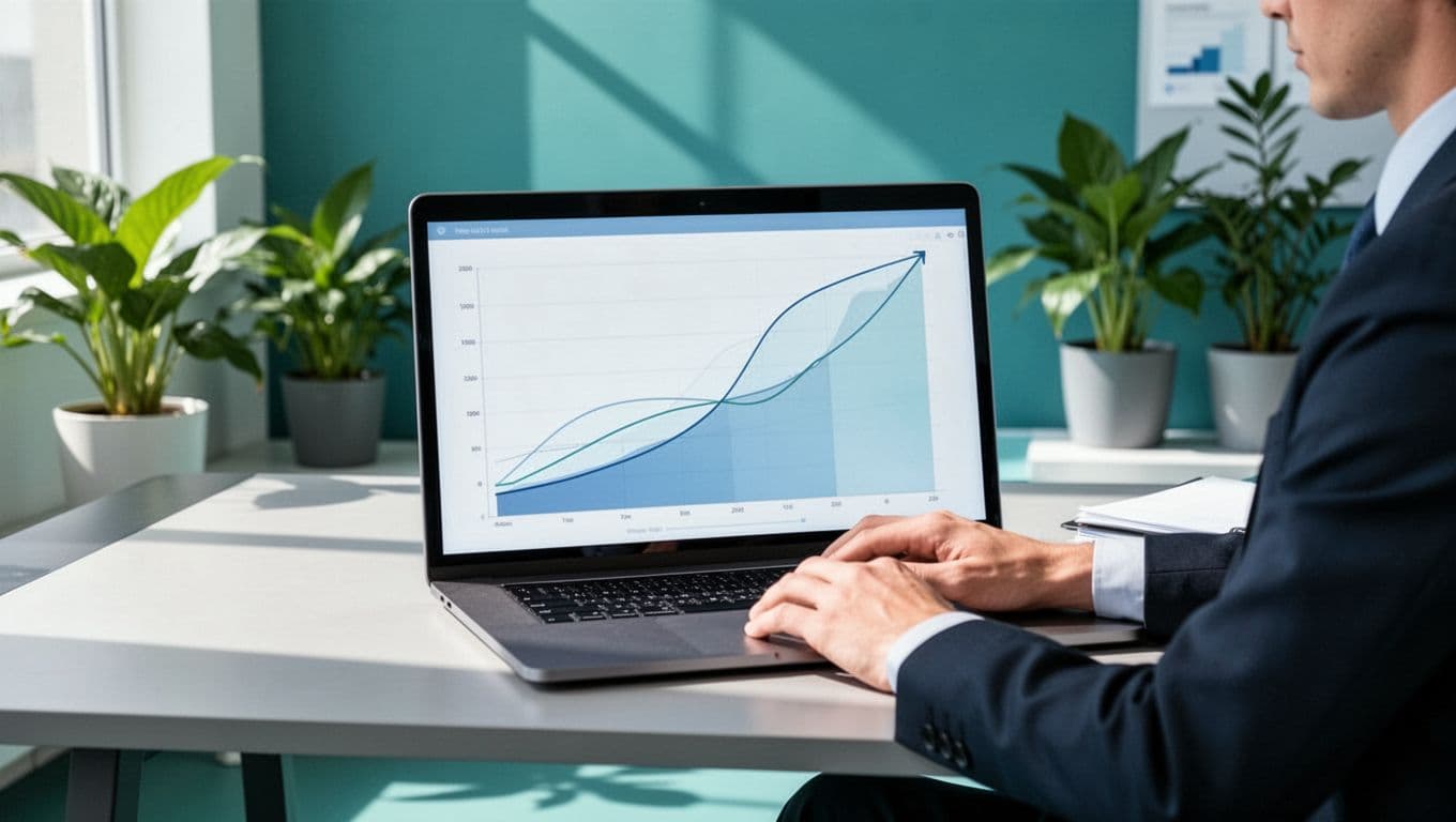Modern illustration of a person at a desk focused on a laptop screen displaying rising trend graphs for carbon offset programs, in a clean office with plants and soft natural lighting.