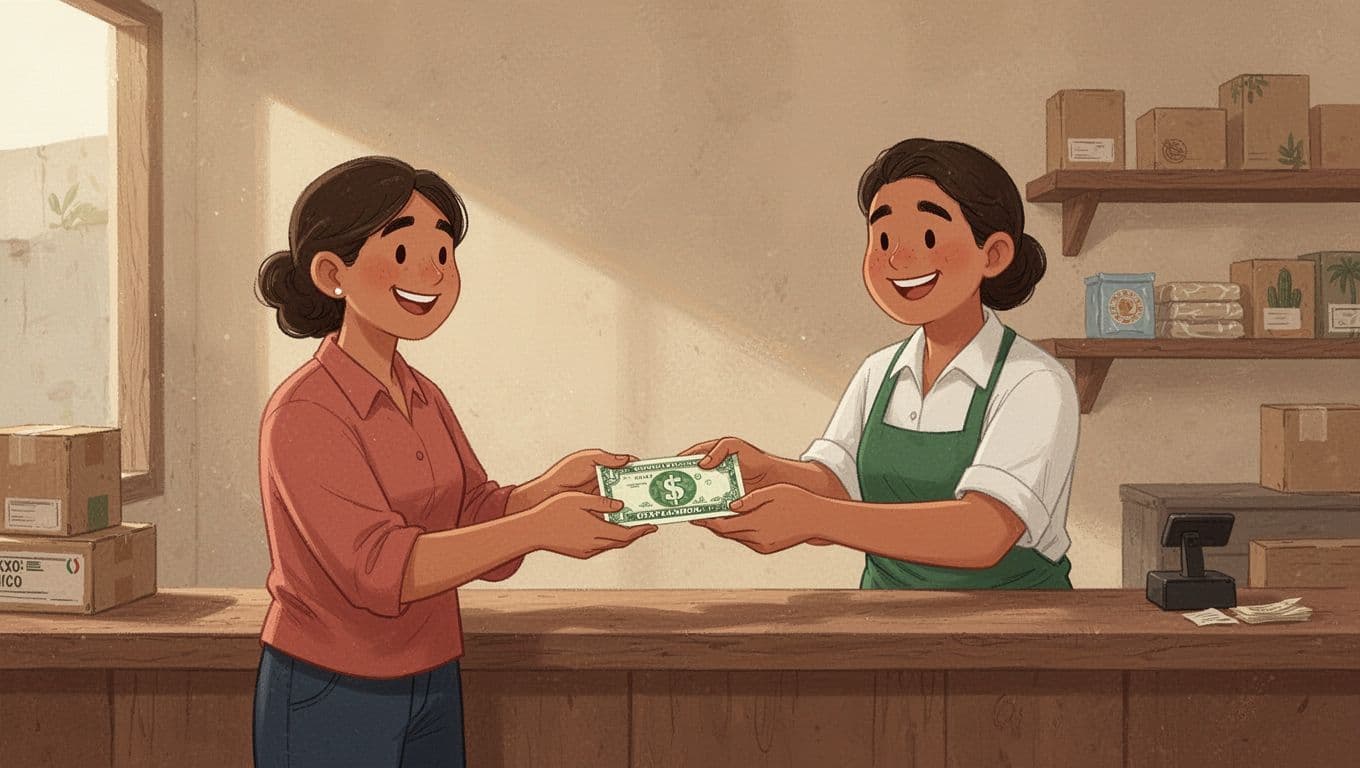 Smiling agent hands cash envelope to relaxed customer at Mexican store counter.