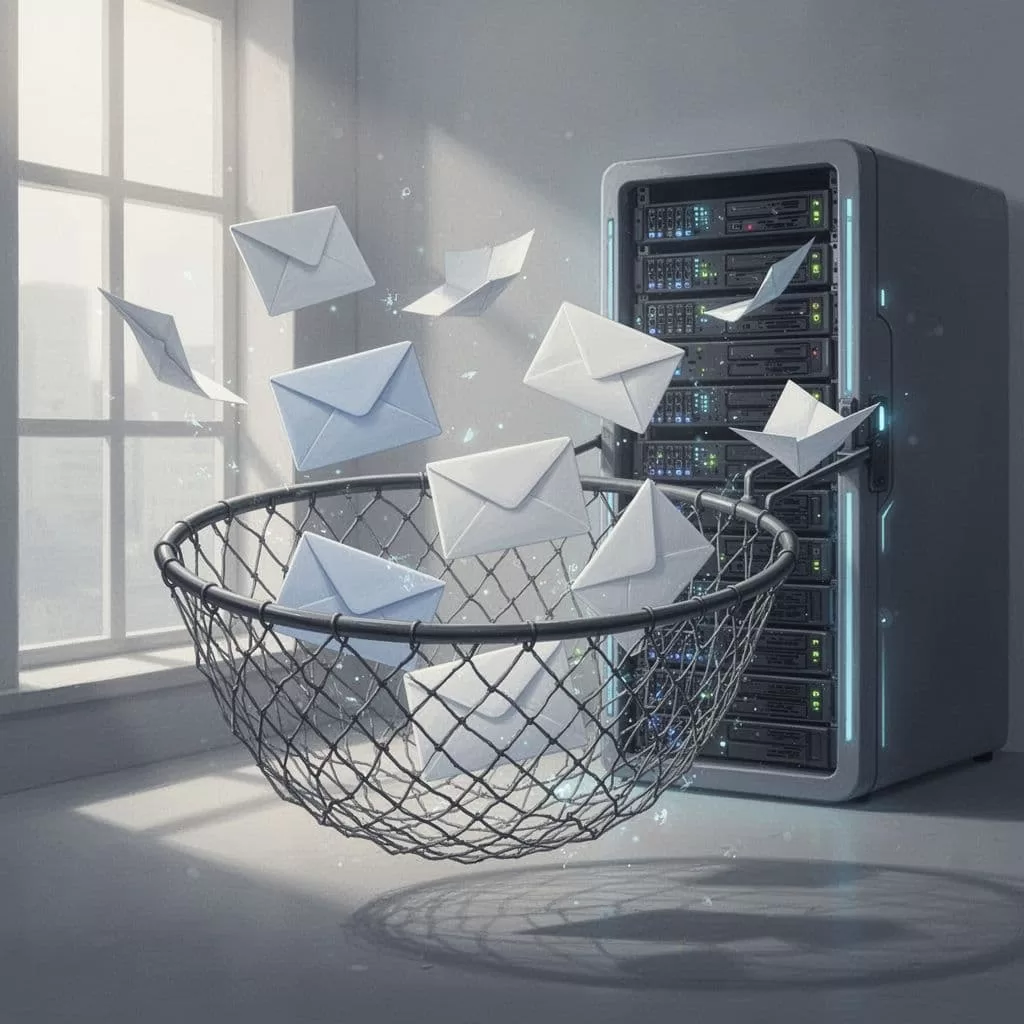 Modern illustration of a catch-all email domain as a wide-open net trapping various envelopes while others bounce away, with a digital server in the background under soft lighting.