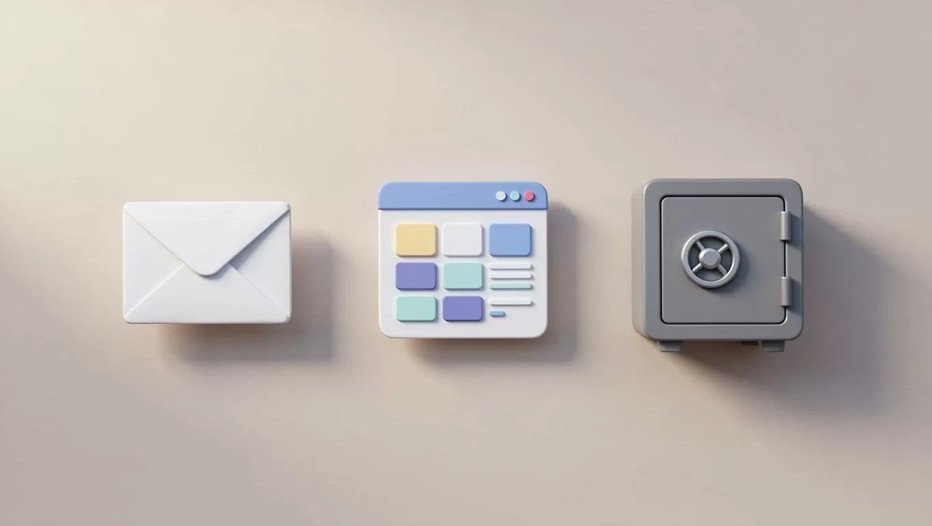 Modern sequential illustration of icons showing steps to check email notifications, app dashboard, and bank app for payment status verification on a neutral background.